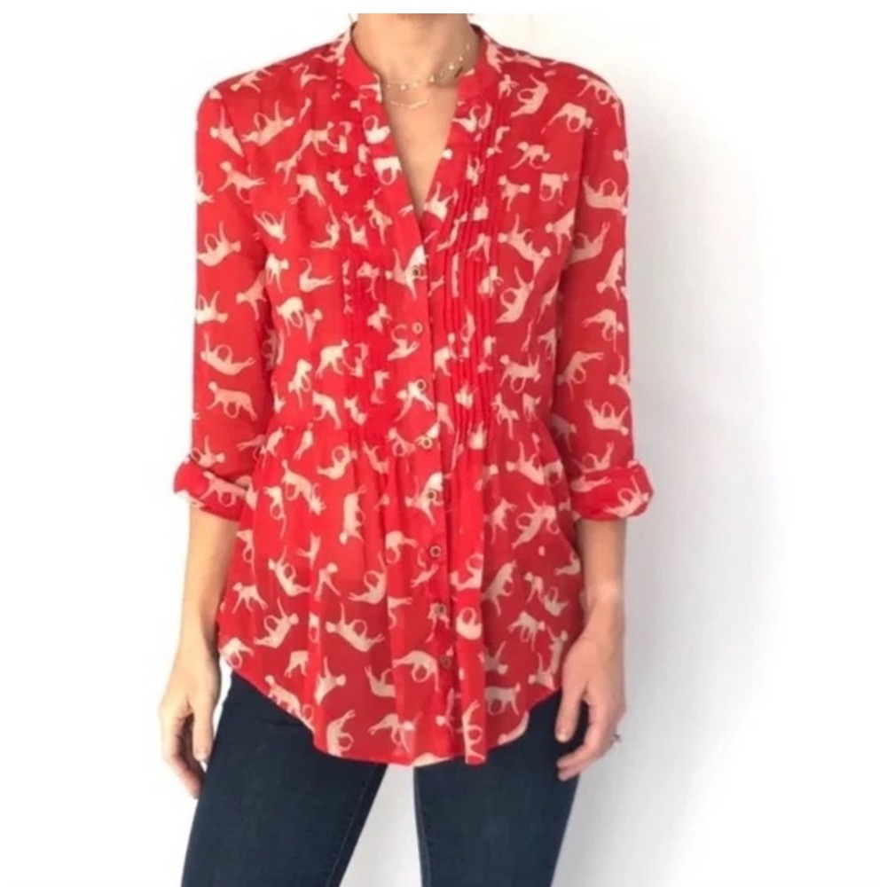 Maeve Anthropologie Red Cat Jungle Button Down Shirt Size 12